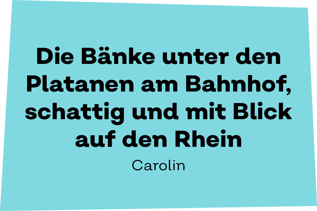 Die Bänke unter den Platanen am Bahnhof, schattig und mit Blick auf den Rhein. - Carolin